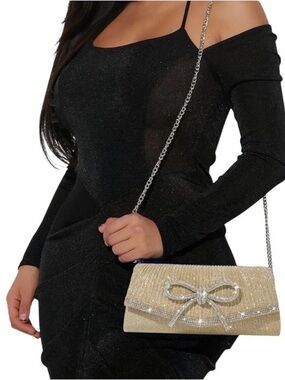 Trisapu Gold Silver Glitter Rhinestone Bow Small  Evening Bag Clutch Purse‎